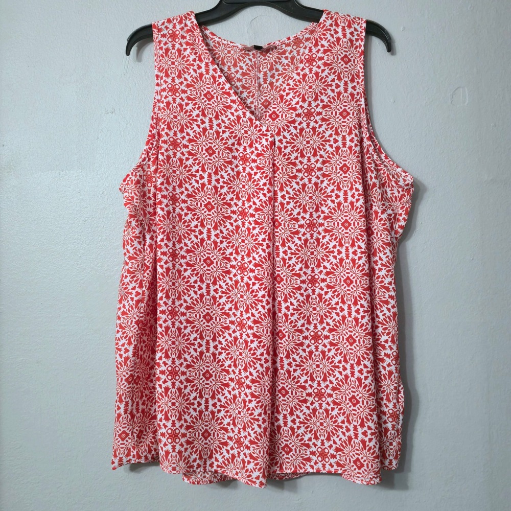 East Adeline Womens 1X Red White Geometric Floral V-Neck Sleeveless Blouse Top